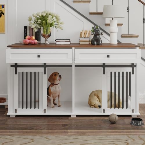 71'' Double Dog Crate Furniture, XXL Dog Kennel TV Stand,Walnut