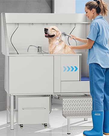 50'' Heavy Duty Dog Washing Station, Professional 304 Stainless Steel Pet Grooming Tub for Large Dogs with Adjustable Height Platform and Anti Slip Ramp for Pet Salon Grooming Studio Home