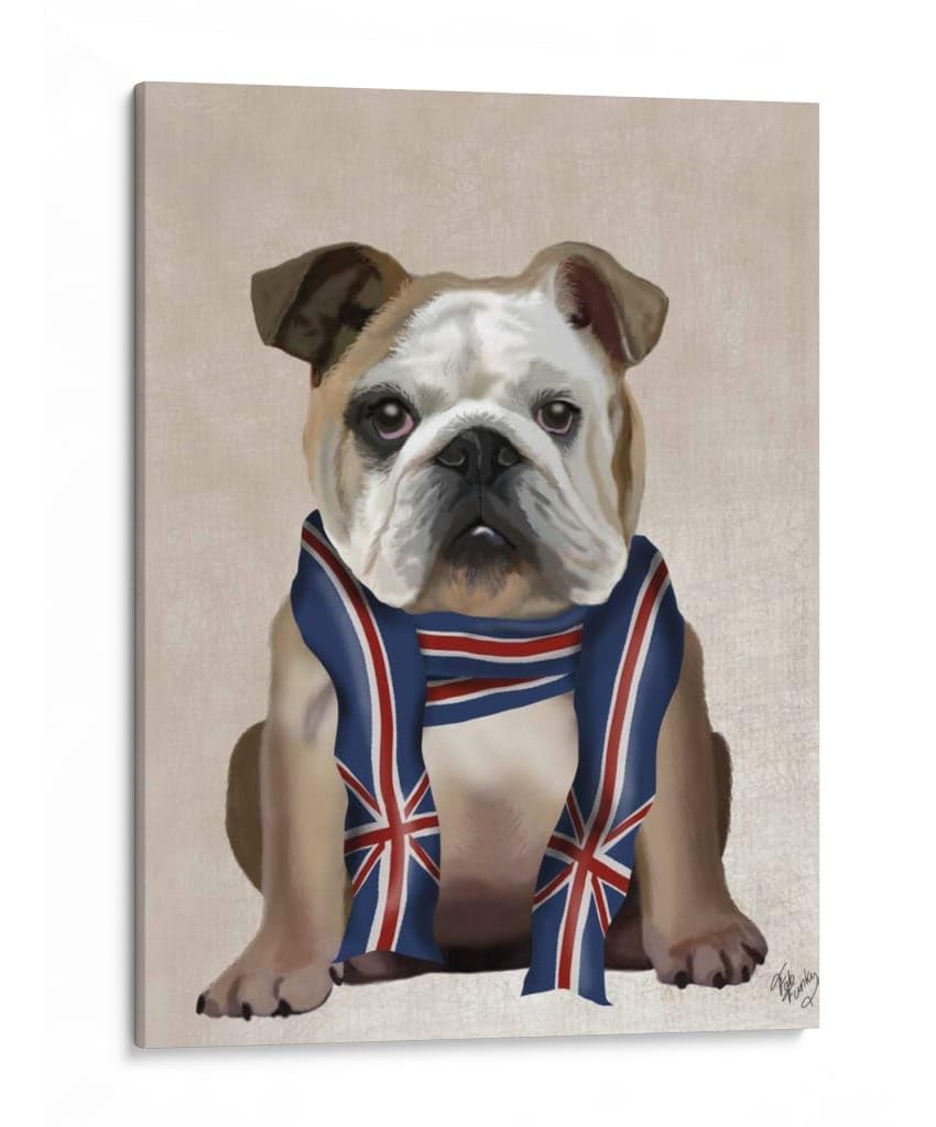 Canvas Lab | English Bulldog with Scarf by Fab Funky | 30 x 40 in | Canvas Print Wall Art | Animals, Dogs, Nature, Whimsical | Wall Decor for Bedroom, Living Room or Office