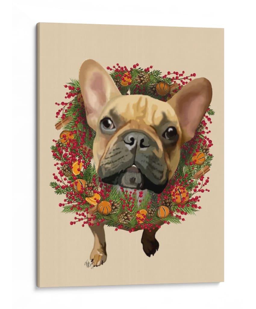 Canvas Lab | French Bulldog, Cranberry Wreath by Fab Funky | 30 x 40 in | Canvas Print Wall Art | Animals, Dogs, Nature, Whimsical | Wall Decor for Bedroom, Living Room or Office