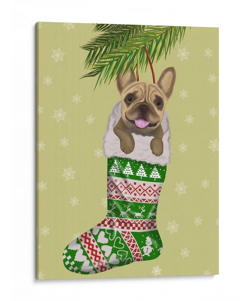 Canvas Lab | French Bulldog in Christmas Stocking by Fab Funky | 30 x 40 in | Canvas Print Wall Art | Animals, Dogs, Nature, Whimsical, Christmas | Wall Decor for Bedroom, Living Room or Office