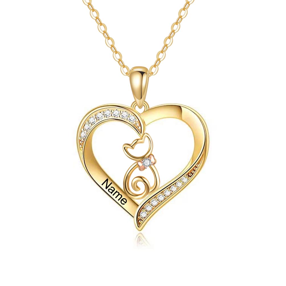 10K 14K 18K Gold Cat/Dog Necklace Personalized Engraved Name Real Yellow Gold Pets Heart Pendant Animal Jewelry Gifts for Women Pet Lover