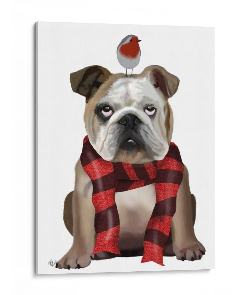 Canvas Lab | English Bulldog, Scarf and Robin by Fab Funky | 30 x 40 in | Canvas Print Wall Art | Animals, Dogs, Nature, Whimsical | Wall Decor for Bedroom, Living Room or Office