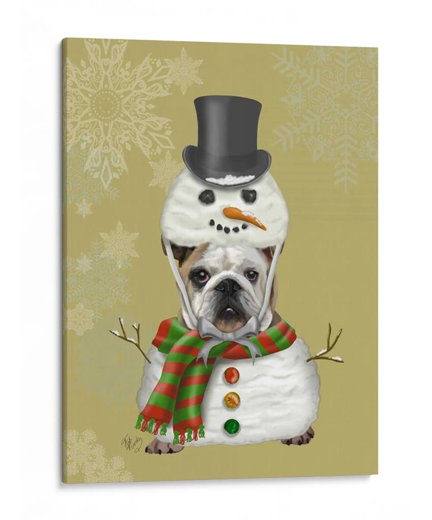 Canvas Lab | English Bulldog, Snowman Costume by Fab Funky | 30 x 40 in | Canvas Print Wall Art | Animals, Dogs, Nature, Whimsical | Wall Decor for Bedroom, Living Room or Office
