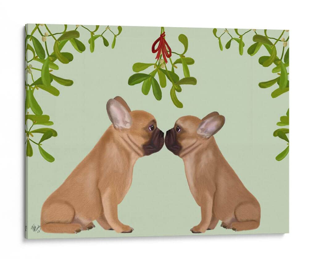 Canvas Lab | French Bulldogs and Mistletoe by Fab Funky | 40 x 30 in | Canvas Print Wall Art | Animals, Dogs, Nature, Whimsical | Wall Decor for Bedroom, Living Room or Office