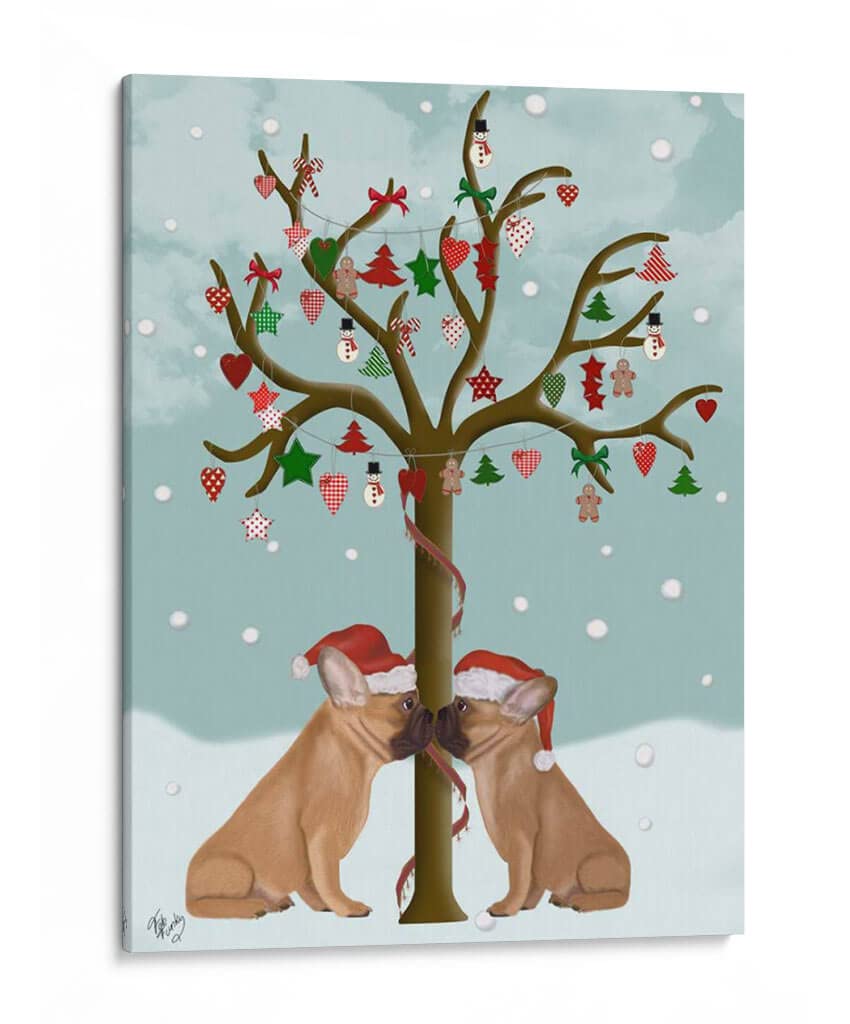 Canvas Lab | French Bulldogs and Christmas Tree by Fab Funky | 30 x 40 in | Canvas Print Wall Art | Animals, Dogs, Nature, Whimsical, Christmas | Wall Decor for Bedroom, Living Room or Office