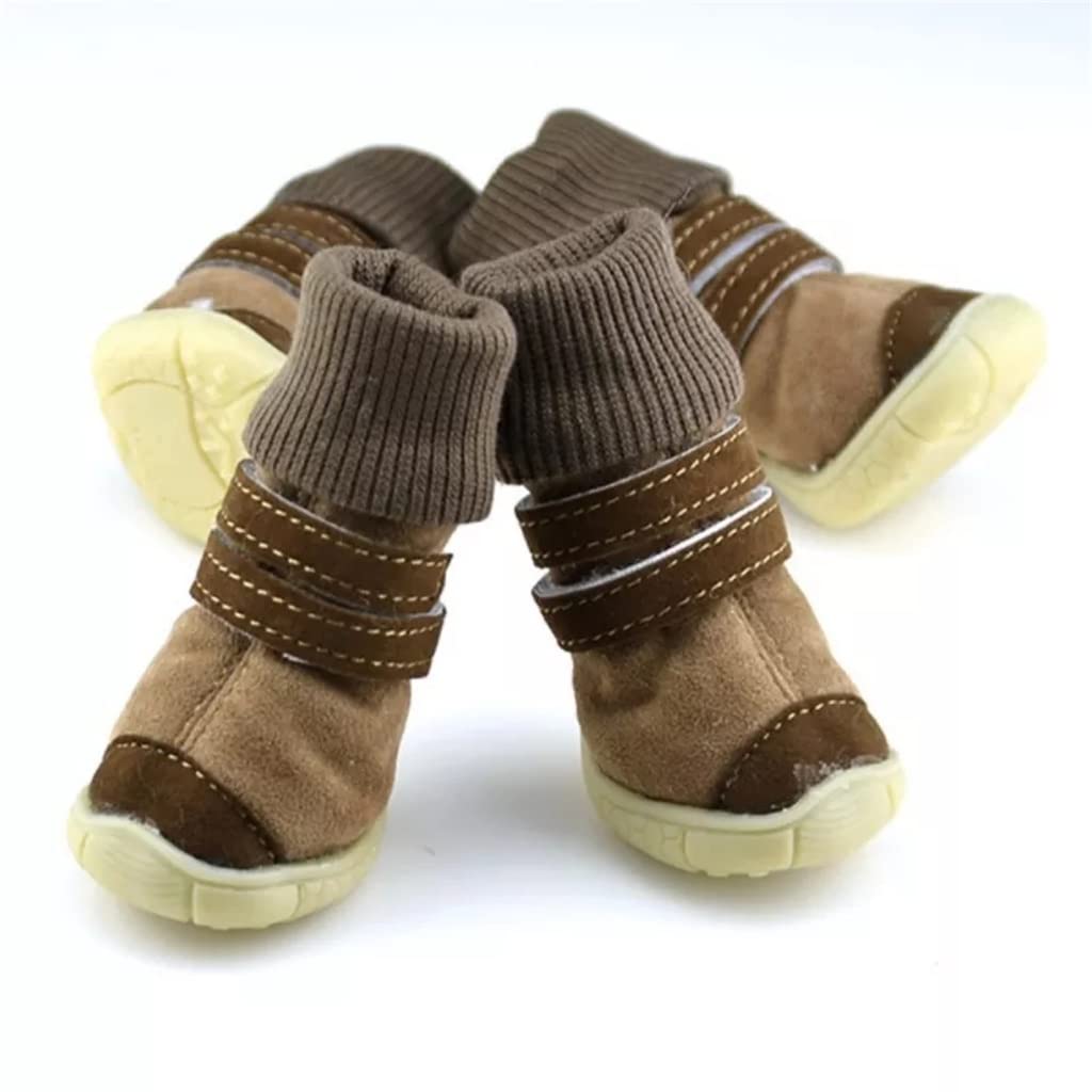 Pet Shoes 4pcs/Set Thick Fur Pet Dog Shoes Bottom Slip-Resistant Waterproof Small Dogs Shoes Winter Warm Snow Boots (Brown S Code)