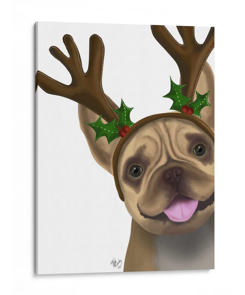 Canvas Lab | French Bulldog, Antlers 2 by Fab Funky | 30 x 40 in | Canvas Print Wall Art | Animals, Dogs, Nature, Whimsical | Wall Decor for Bedroom, Living Room or Office