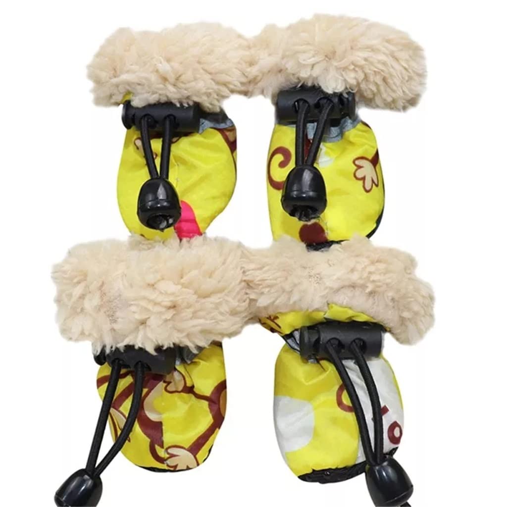 Pet Shoes 4 Pack/Set Pet Winter Rain Boots Set with Fleece Liner Cartoon Waterproof Anti Slip Shoes for Dogs (Yellow 3 Tail)
