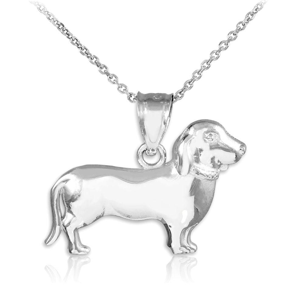 Polished 14k White Gold Weiner Dog Charm Dachshund Pendant Necklace