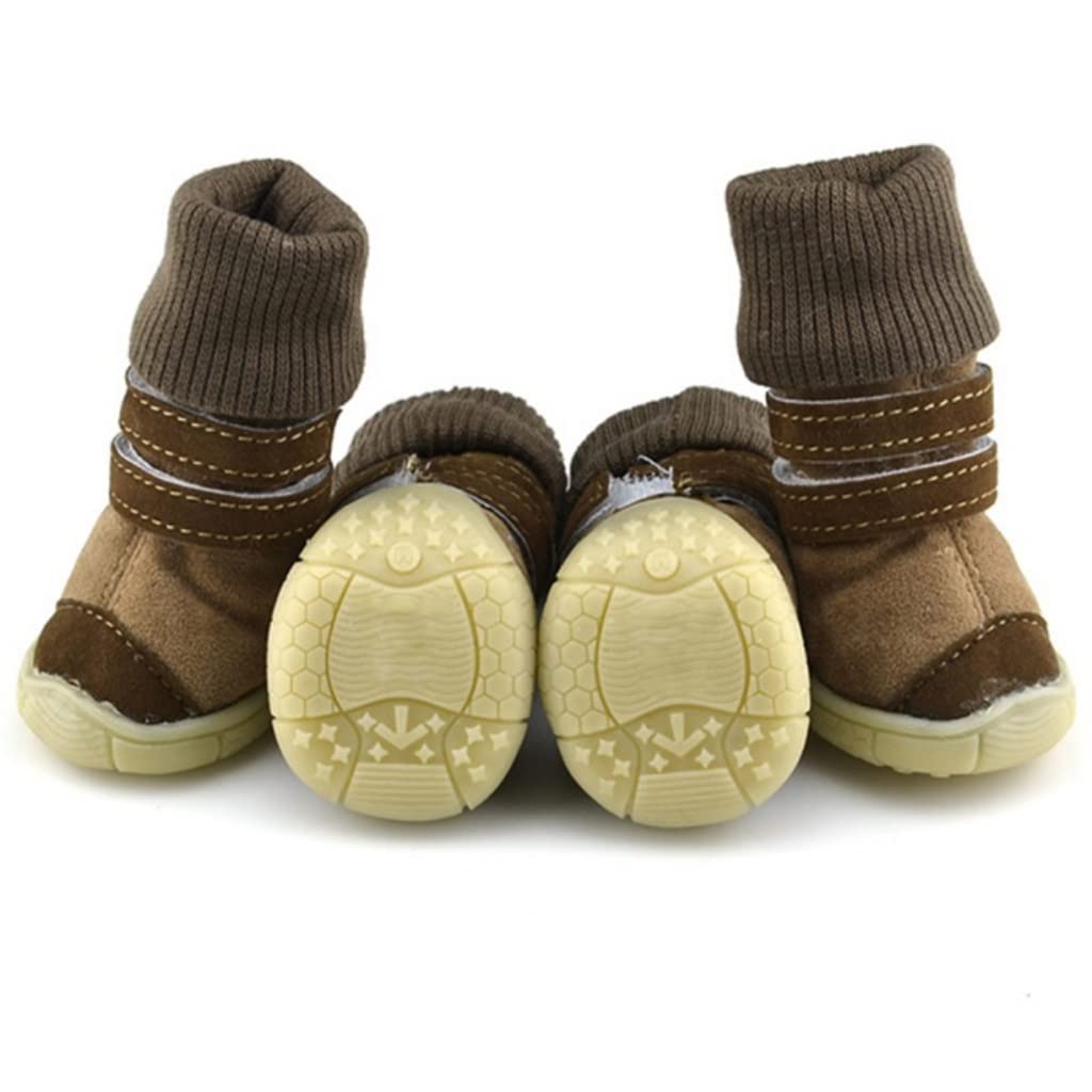 Pet Shoes 4pcs/Set Thick Fur Pet Dog Shoes Bottom Slip-Resistant Waterproof Small Dogs Shoes Winter Warm Snow Boots (Brown S Code)
