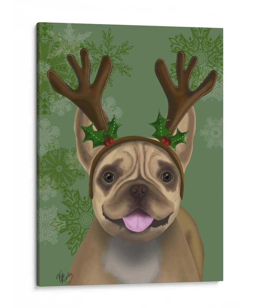 Canvas Lab | French Bulldog, Antlers 1 by Fab Funky | 30 x 40 in | Canvas Print Wall Art | Animals, Dogs, Nature, Whimsical | Wall Decor for Bedroom, Living Room or Office