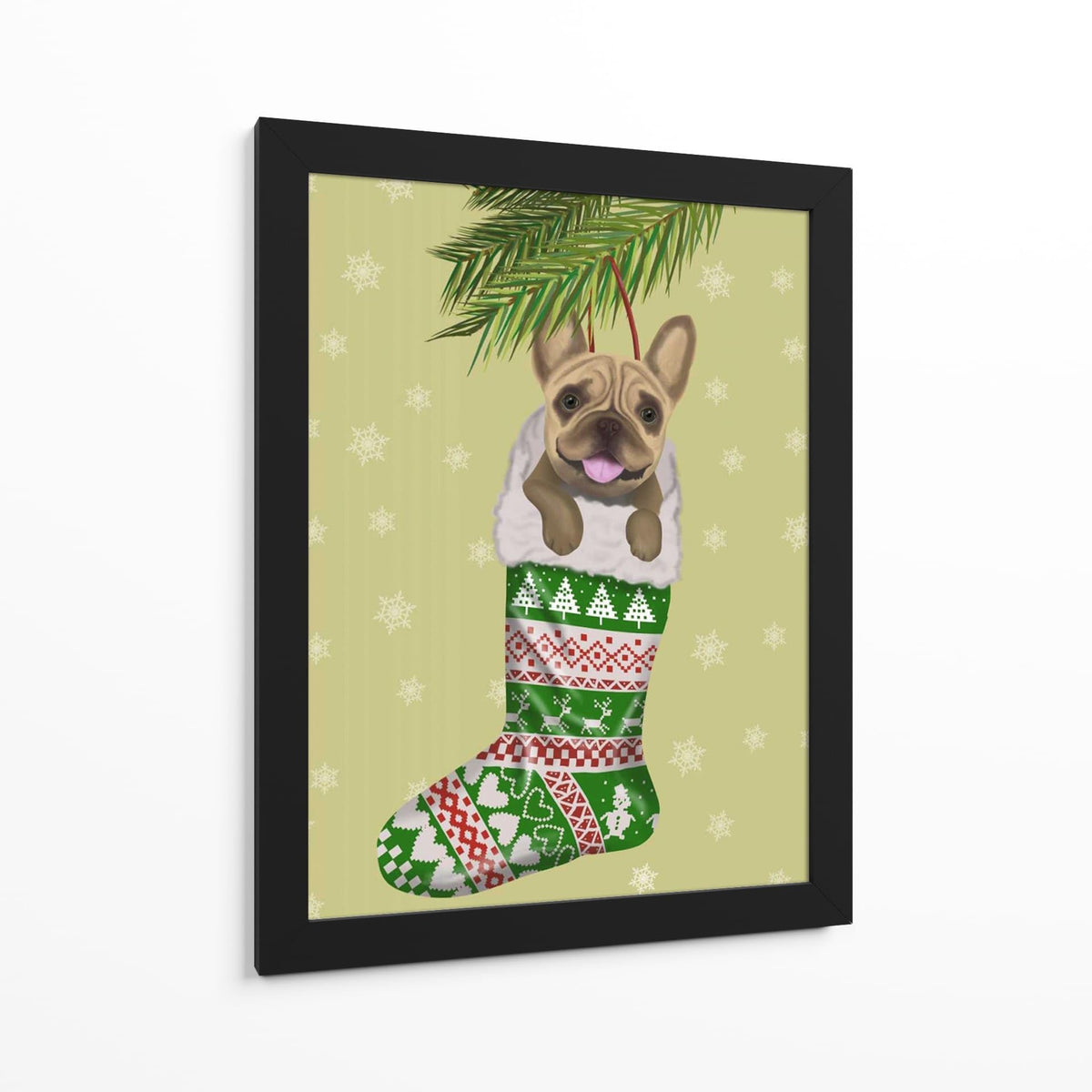Canvas Lab | French Bulldog in Christmas Stocking by Fab Funky | 30 x 40 in | Canvas Print Wall Art | Animals, Dogs, Nature, Whimsical, Christmas | Wall Decor for Bedroom, Living Room or Office