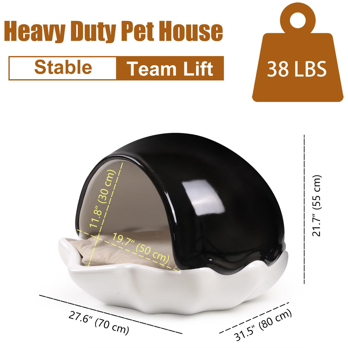 Dog House for Indoor and Outdoor Use, Shell-Shape, Black and White, Heavy Duty, Washable, Odor-Free (Large)