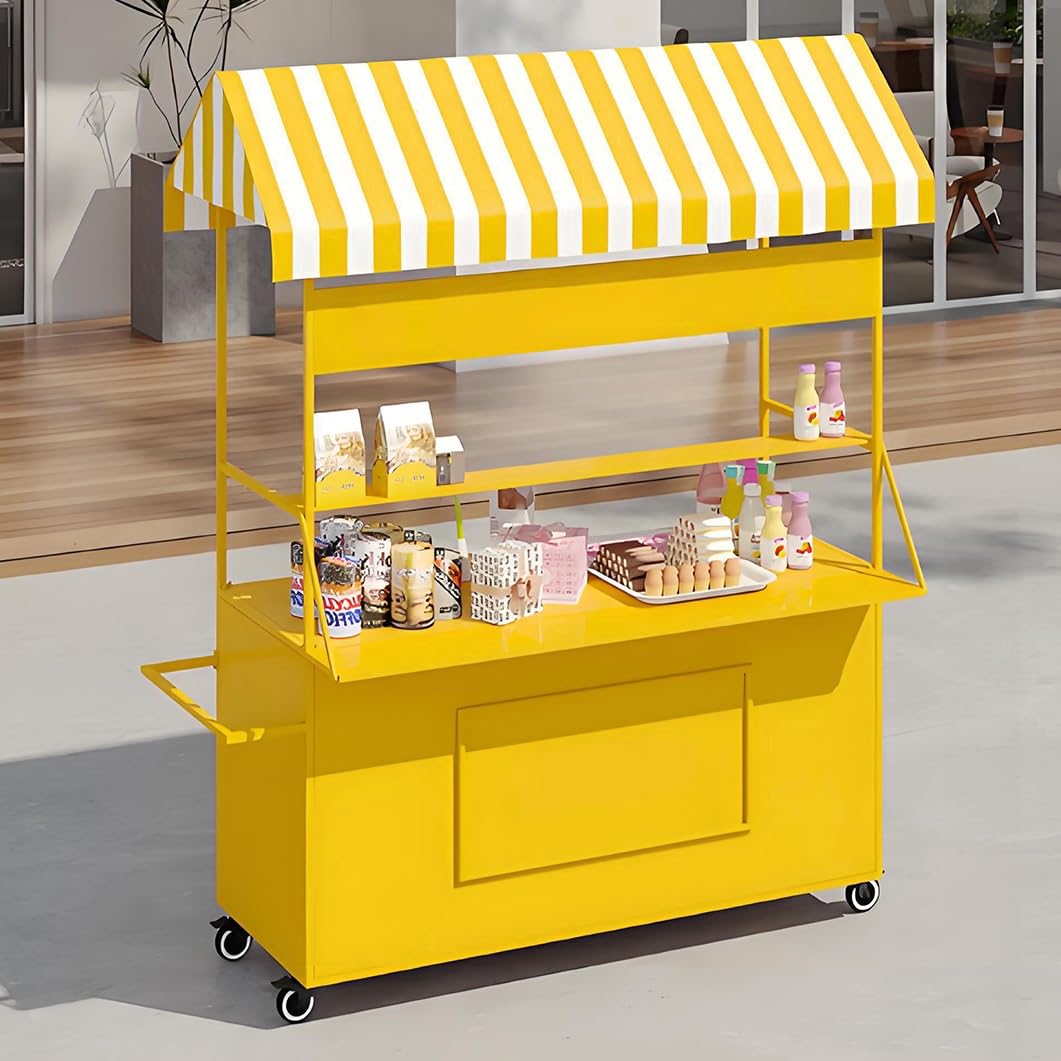 YVYKFZD Vending Iron Cart with Striped Canopy, Portable Cart with Wheels, Hot Dog Stand Market Stall Display Stand, Outdoor Vendor Carts, for Street/Events/Beaches(Yellow,100cm/39.3")