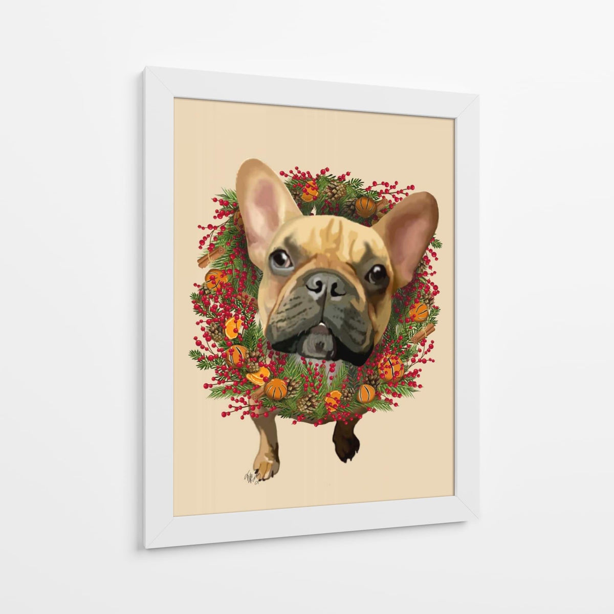 Canvas Lab | French Bulldog, Cranberry Wreath by Fab Funky | 30 x 40 in | Canvas Print Wall Art | Animals, Dogs, Nature, Whimsical | Wall Decor for Bedroom, Living Room or Office