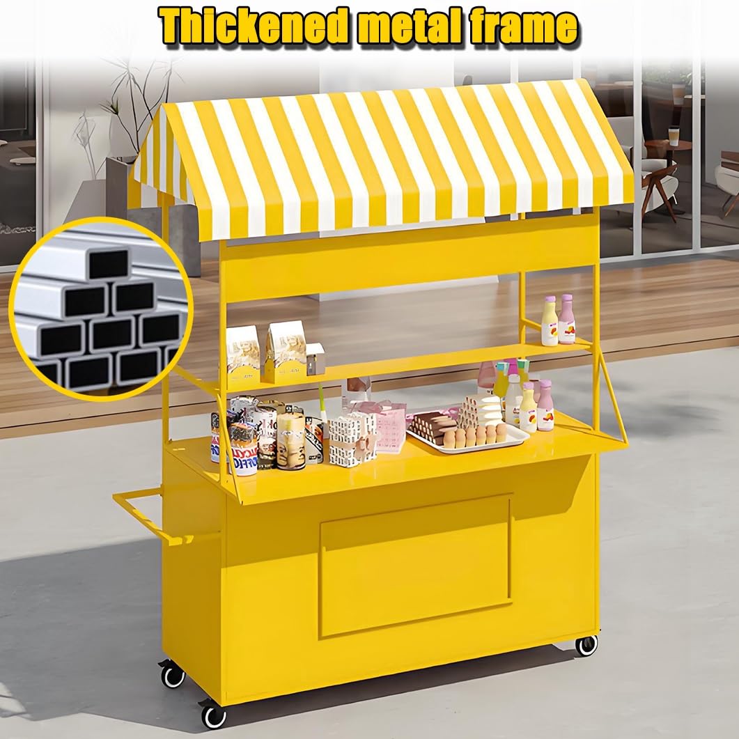 YVYKFZD Vending Iron Cart with Striped Canopy, Portable Cart with Wheels, Hot Dog Stand Market Stall Display Stand, Outdoor Vendor Carts, for Street/Events/Beaches(Yellow,100cm/39.3")