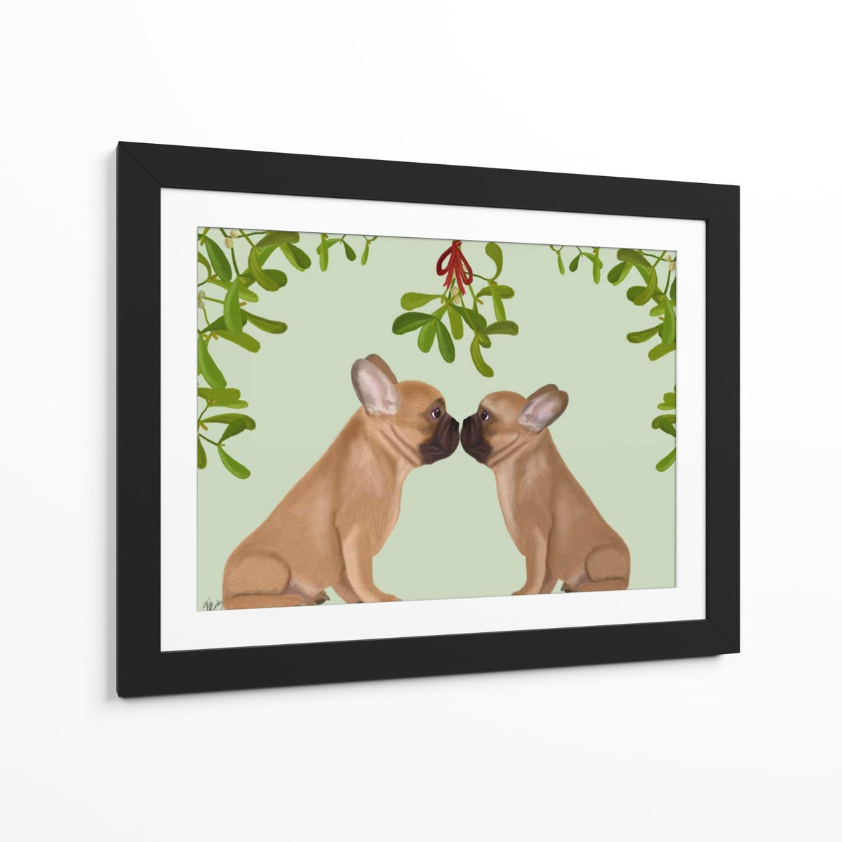 Canvas Lab | French Bulldogs and Mistletoe by Fab Funky | 40 x 30 in | Canvas Print Wall Art | Animals, Dogs, Nature, Whimsical | Wall Decor for Bedroom, Living Room or Office