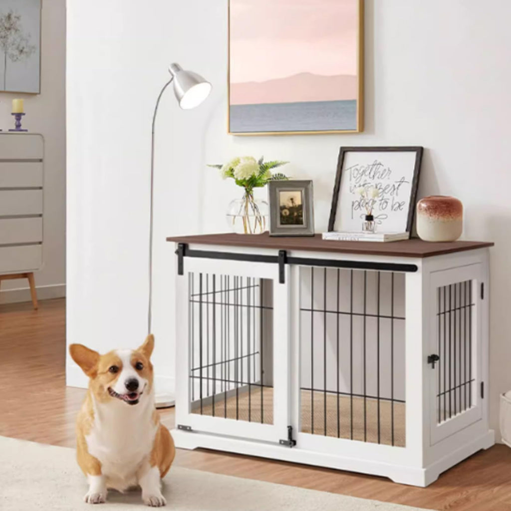 Dog Crate Furniture, Side Opening Wooden Dog Crate, Indoor Side Table, All Season Furniture Dog Crate with Tray and Cushion for Medium and Large Dogs(Small)