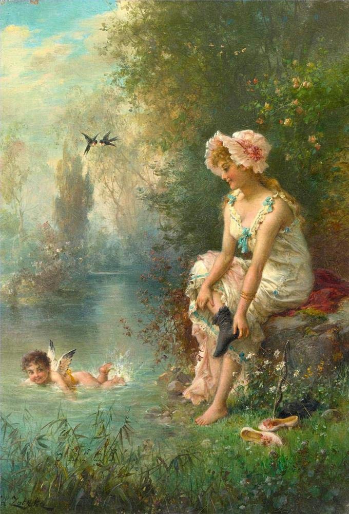 Toperfect Oil Painting Handmade $50-$2000 by College Teachers - 27 Zatzka Wall Art - Obedience Hans Zatzka girls and puppy dog rural - Famous Painting on Canvas -Size2