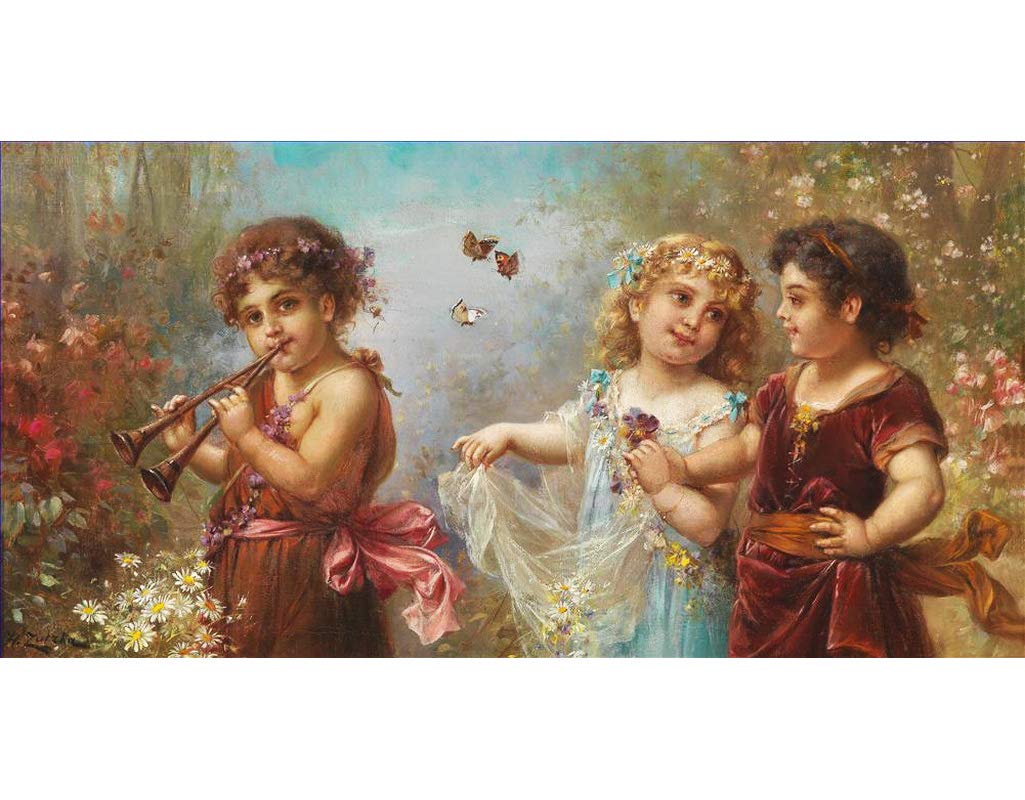 Toperfect Oil Painting Handmade $50-$2000 by College Teachers - 27 Zatzka Wall Art - Obedience Hans Zatzka girls and puppy dog rural - Famous Painting on Canvas -Size2