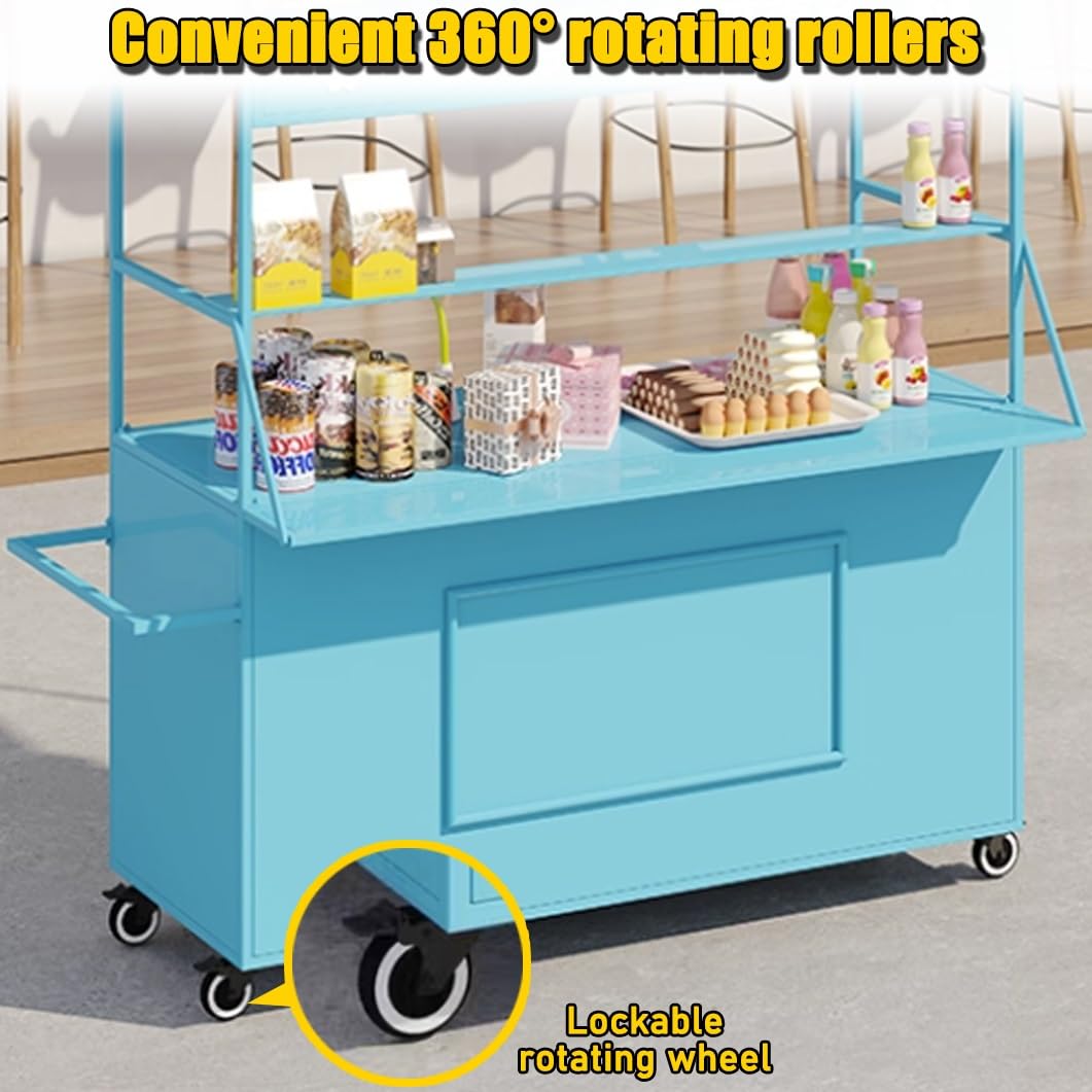 YVYKFZD Vending Iron Cart with Striped Canopy, Portable Cart with Wheels, Hot Dog Stand Market Stall Display Stand, Outdoor Vendor Carts, for Street/Events/Beaches(Yellow,100cm/39.3")