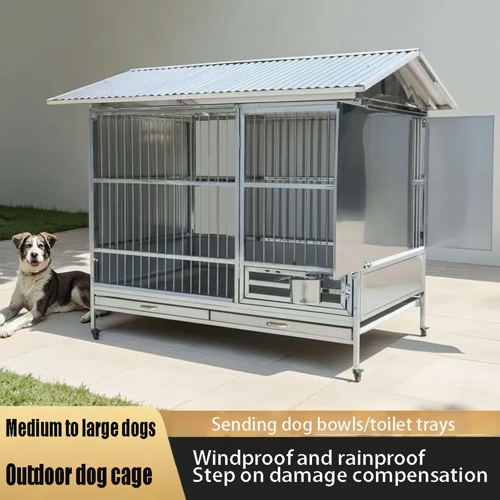 Large Outdoor Dog Cage with Roof, Stainless Steel Heavy Duty Dog Kennel with Toilet Tray, Windproof Rainproof Dog House for Medium to Large Dogs (42inch)