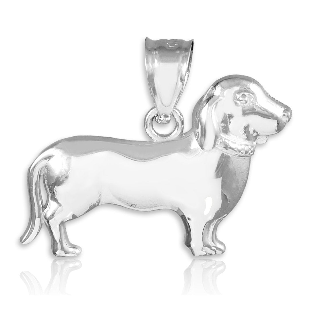Polished 14k White Gold Weiner Dog Charm Dachshund Pendant Necklace