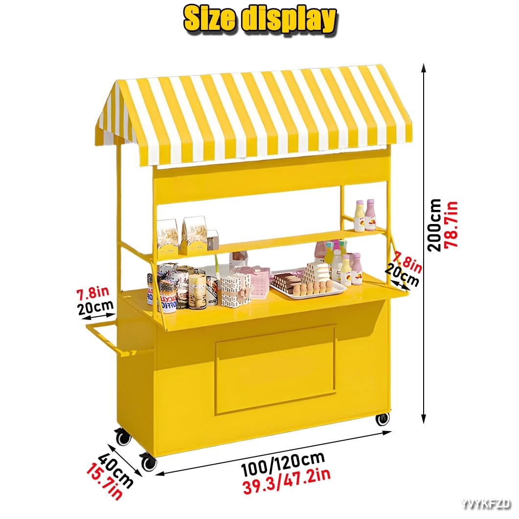 YVYKFZD Vending Iron Cart with Striped Canopy, Portable Cart with Wheels, Hot Dog Stand Market Stall Display Stand, Outdoor Vendor Carts, for Street/Events/Beaches(Yellow,100cm/39.3")