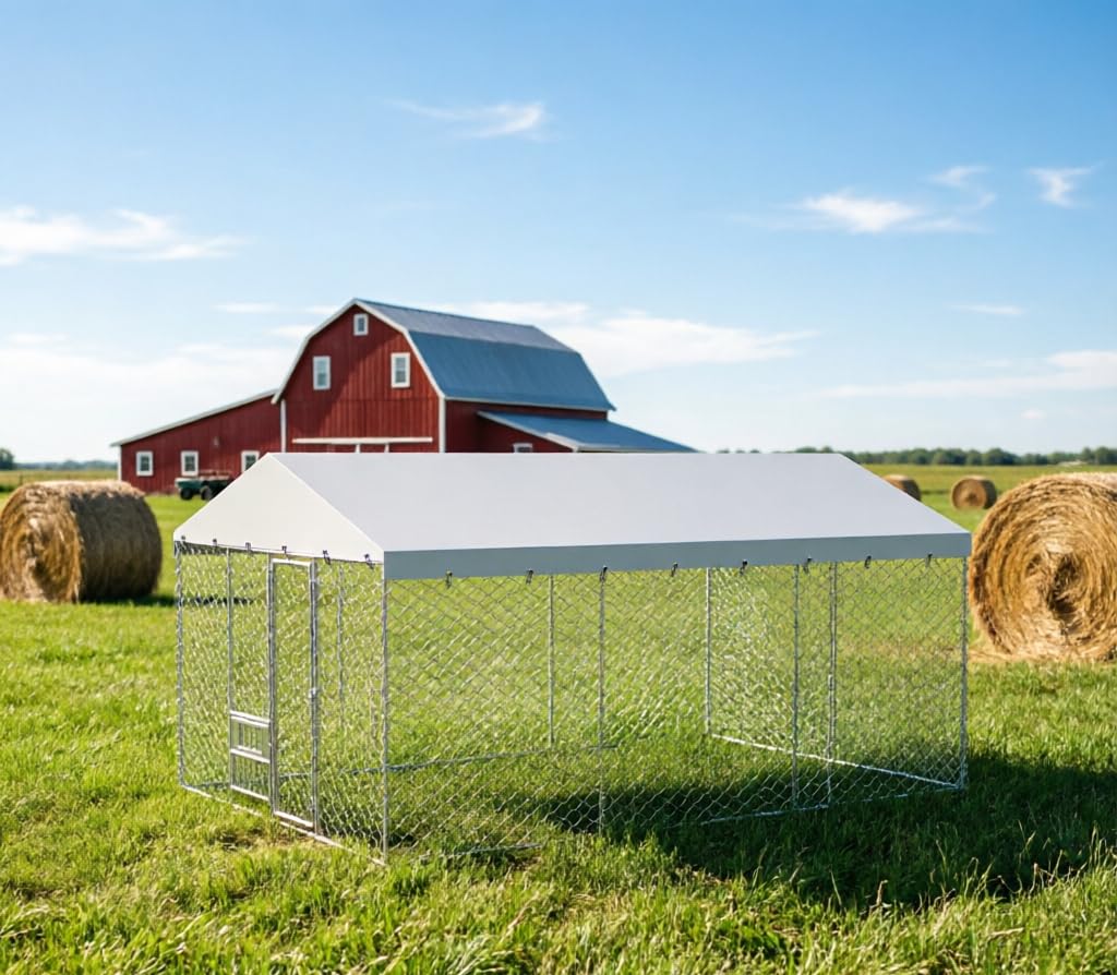 Large Outdoor Dog Kennel with Waterproof Canopy & Built-in Elevated Feeder, Heavy Duty Galvanized Steel Frame,Escape-Proof Chain Link Pet Playpen for Large Dogs, Adjustable Height Bowls (20x10 FT)