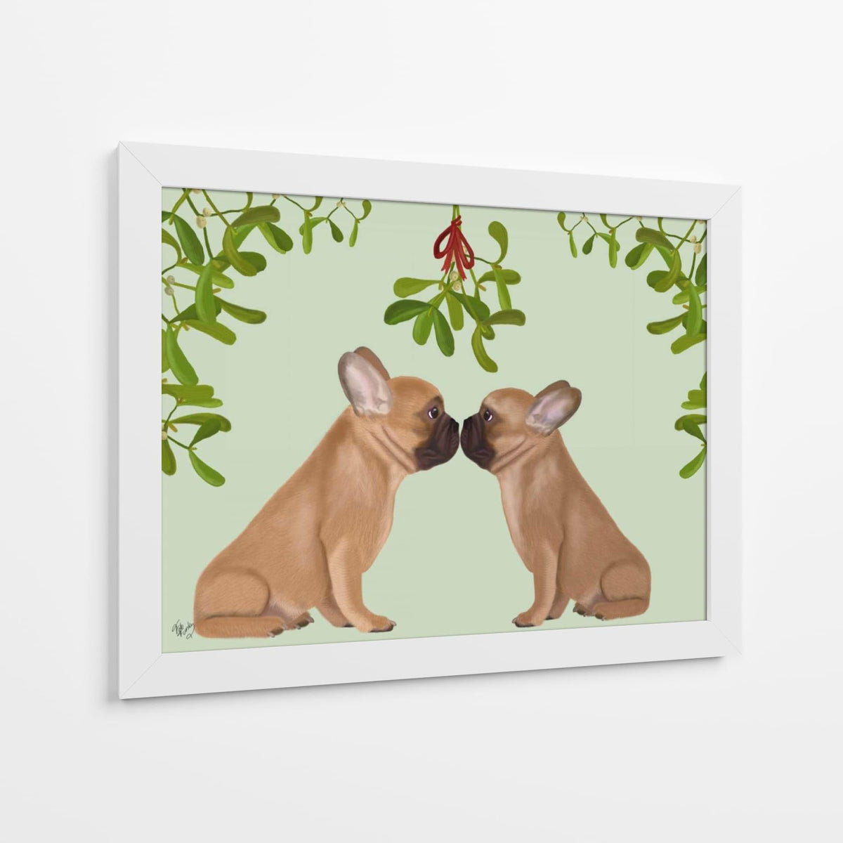 Canvas Lab | French Bulldogs and Mistletoe by Fab Funky | 40 x 30 in | Canvas Print Wall Art | Animals, Dogs, Nature, Whimsical | Wall Decor for Bedroom, Living Room or Office