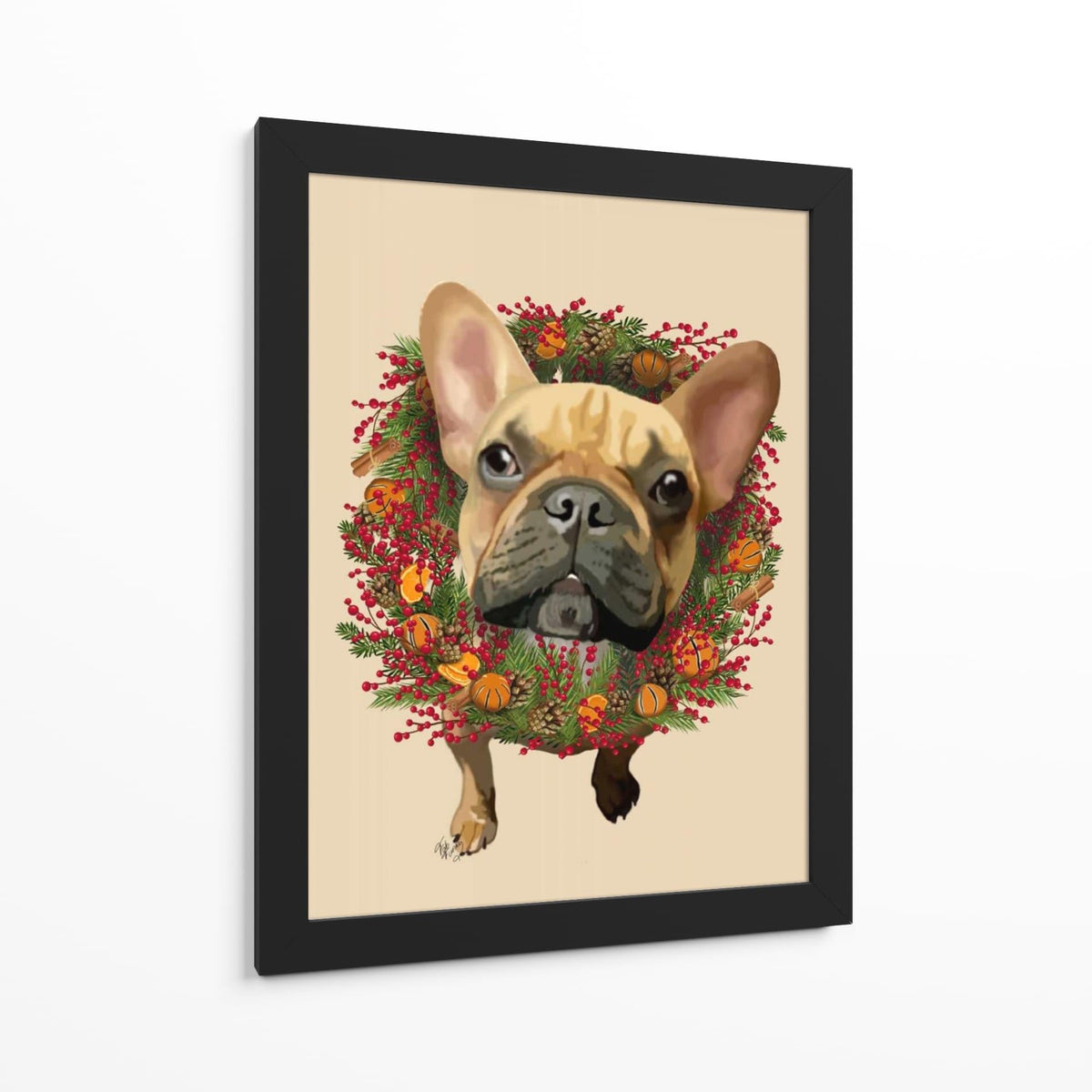Canvas Lab | French Bulldog, Cranberry Wreath by Fab Funky | 30 x 40 in | Canvas Print Wall Art | Animals, Dogs, Nature, Whimsical | Wall Decor for Bedroom, Living Room or Office