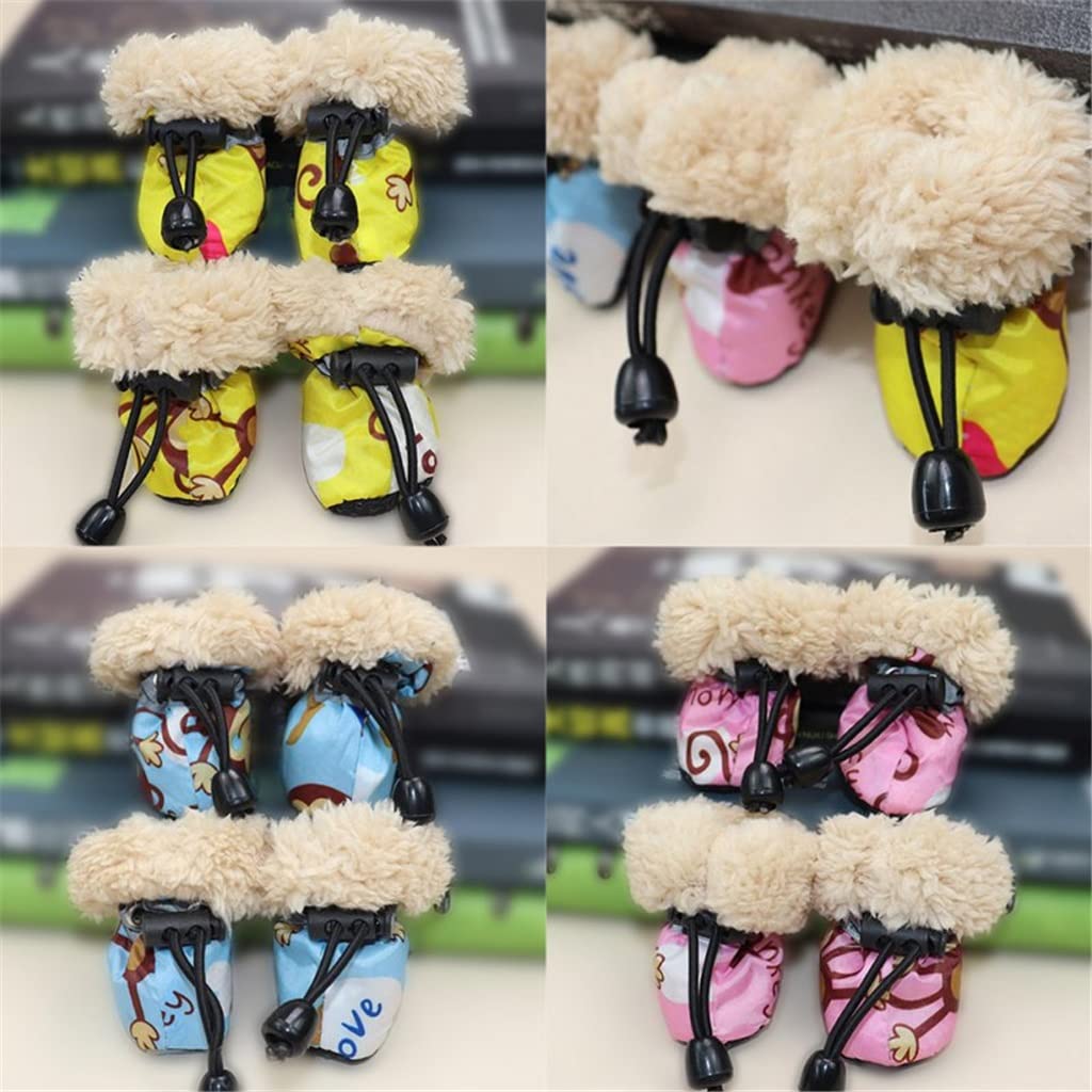 Pet Shoes 4 Pack/Set Pet Winter Rain Boots Set with Fleece Liner Cartoon Waterproof Anti Slip Shoes for Dogs (Yellow 3 Tail)
