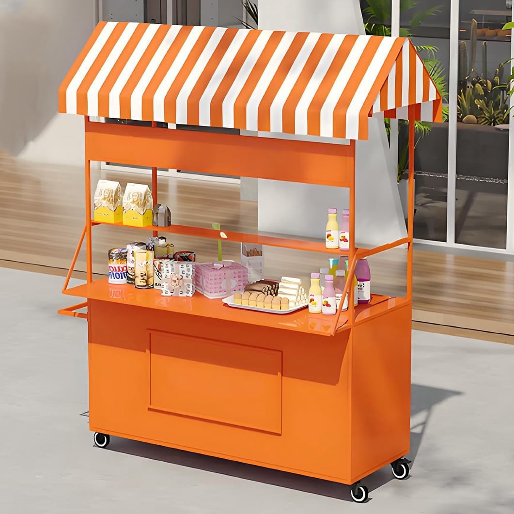 YVYKFZD Vending Iron Cart with Striped Canopy, Portable Cart with Wheels, Hot Dog Stand Market Stall Display Stand, Outdoor Vendor Carts, for Street/Events/Beaches(Yellow,100cm/39.3")