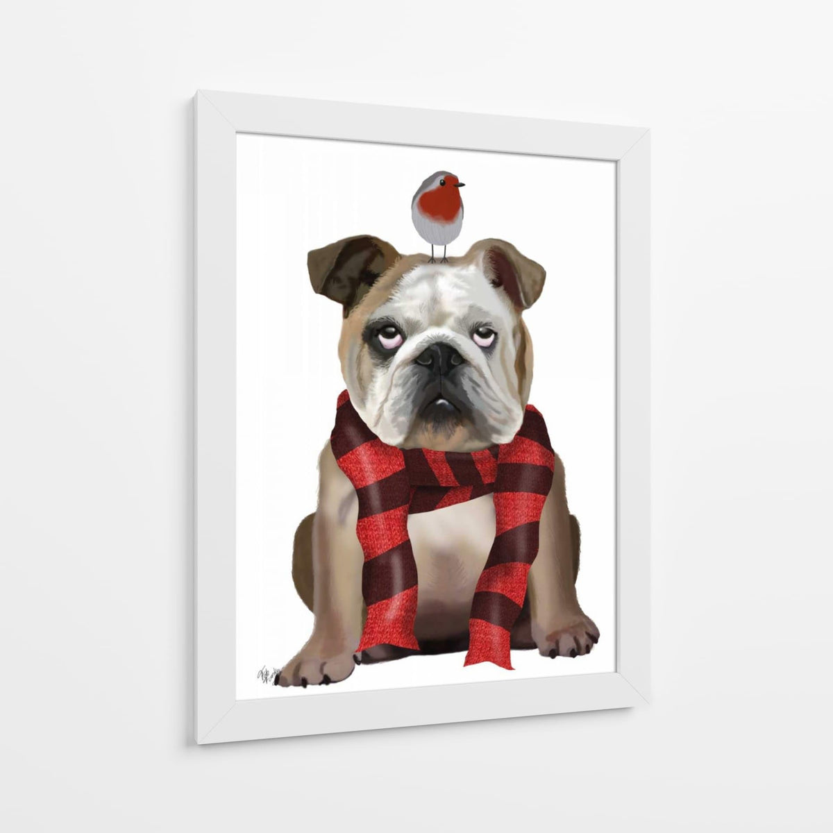 Canvas Lab | English Bulldog, Scarf and Robin by Fab Funky | 30 x 40 in | Canvas Print Wall Art | Animals, Dogs, Nature, Whimsical | Wall Decor for Bedroom, Living Room or Office
