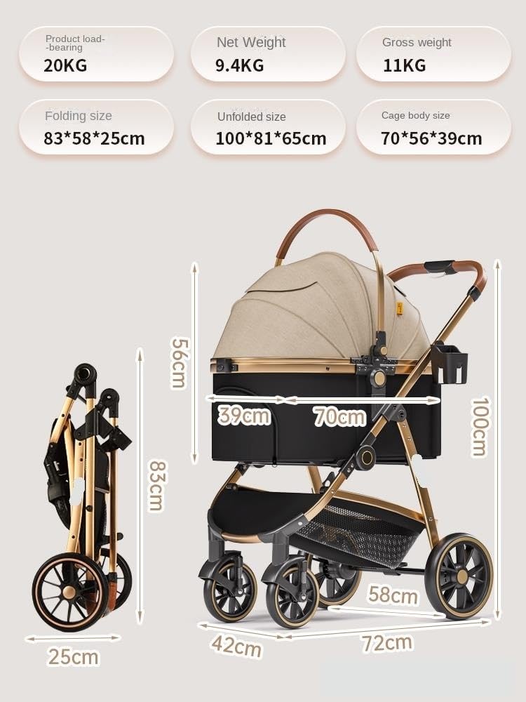 Stress Free Travel Foldable Pet Stroller for Small Medium Dogs Cats, Dog with Detachable Carrier Aluminum Alloy Frame Easy to Carry