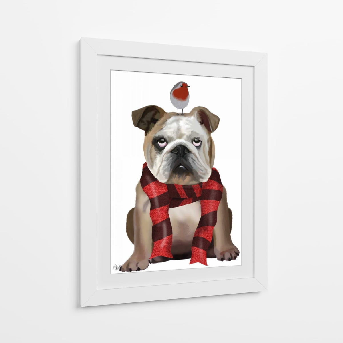 Canvas Lab | English Bulldog, Scarf and Robin by Fab Funky | 30 x 40 in | Canvas Print Wall Art | Animals, Dogs, Nature, Whimsical | Wall Decor for Bedroom, Living Room or Office