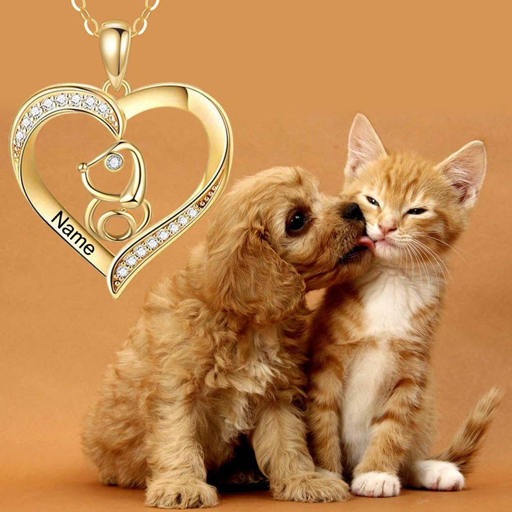 10K 14K 18K Gold Cat/Dog Necklace Personalized Engraved Name Real Yellow Gold Pets Heart Pendant Animal Jewelry Gifts for Women Pet Lover