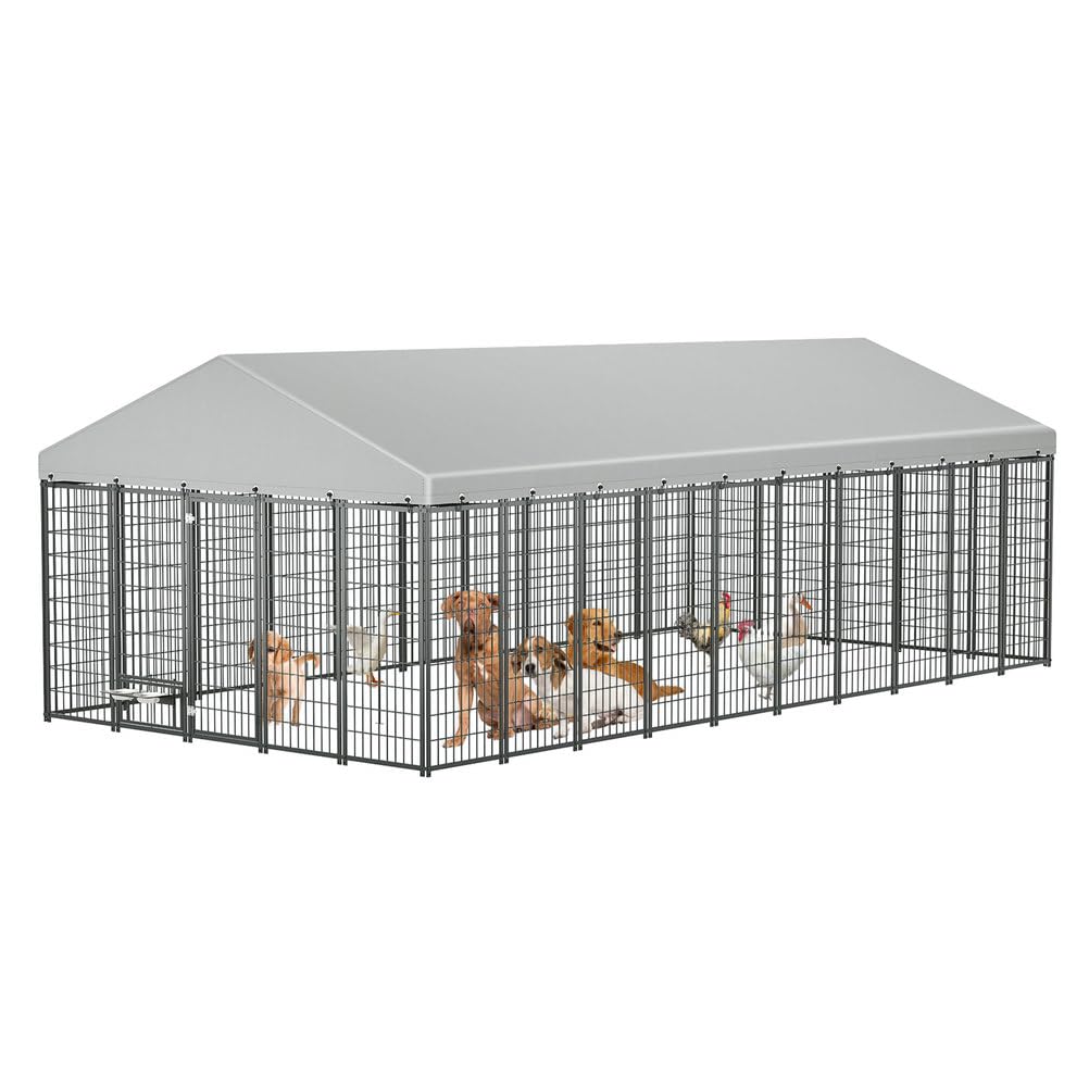 Large Outdoor Dog Kennel 18.9' L x 9.61' W x 6.76' H, Heavy Duty Metal Pet Enclosure with Roof Cover, Dog Run Fence Cage with Double Lock Door for Dogs Chickens Ducks Rabbits