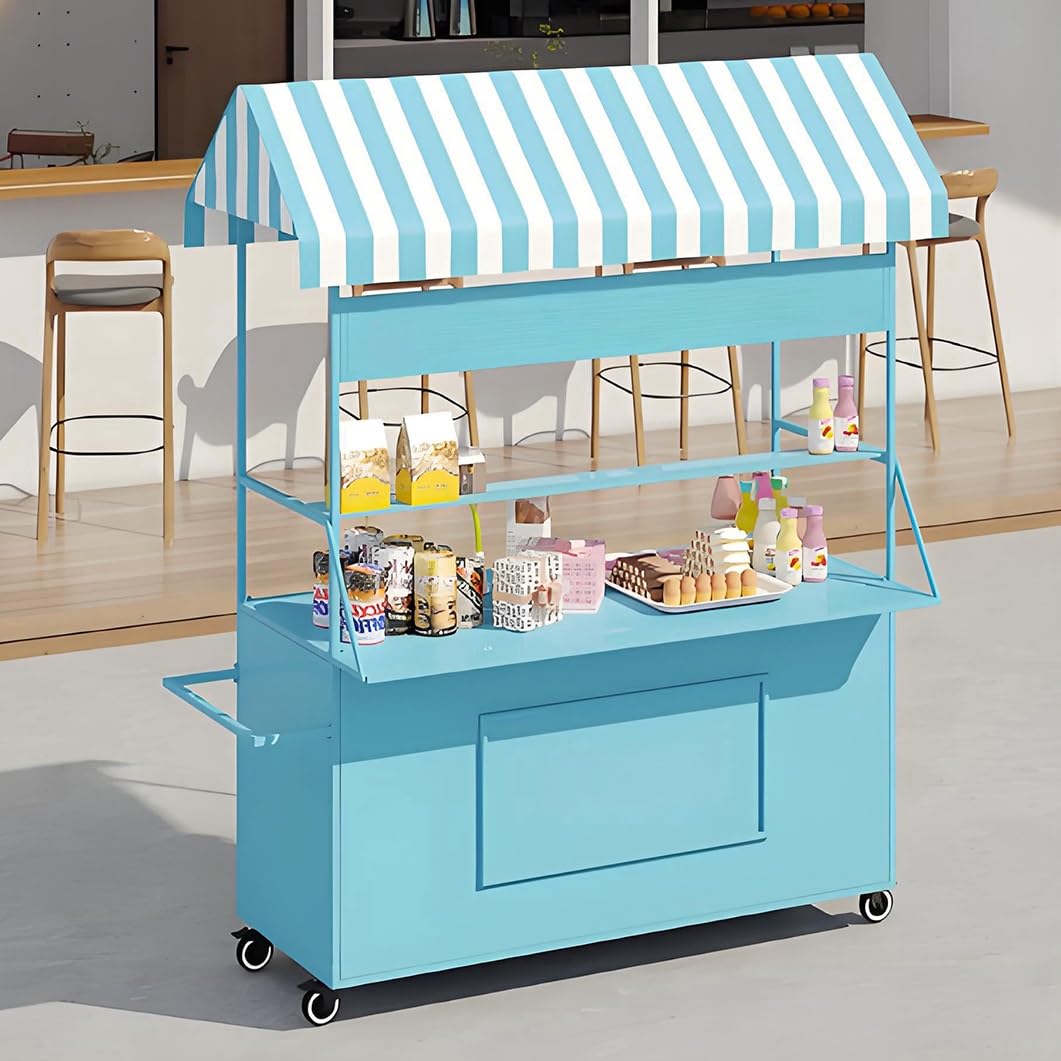 YVYKFZD Vending Iron Cart with Striped Canopy, Portable Cart with Wheels, Hot Dog Stand Market Stall Display Stand, Outdoor Vendor Carts, for Street/Events/Beaches(Yellow,100cm/39.3")