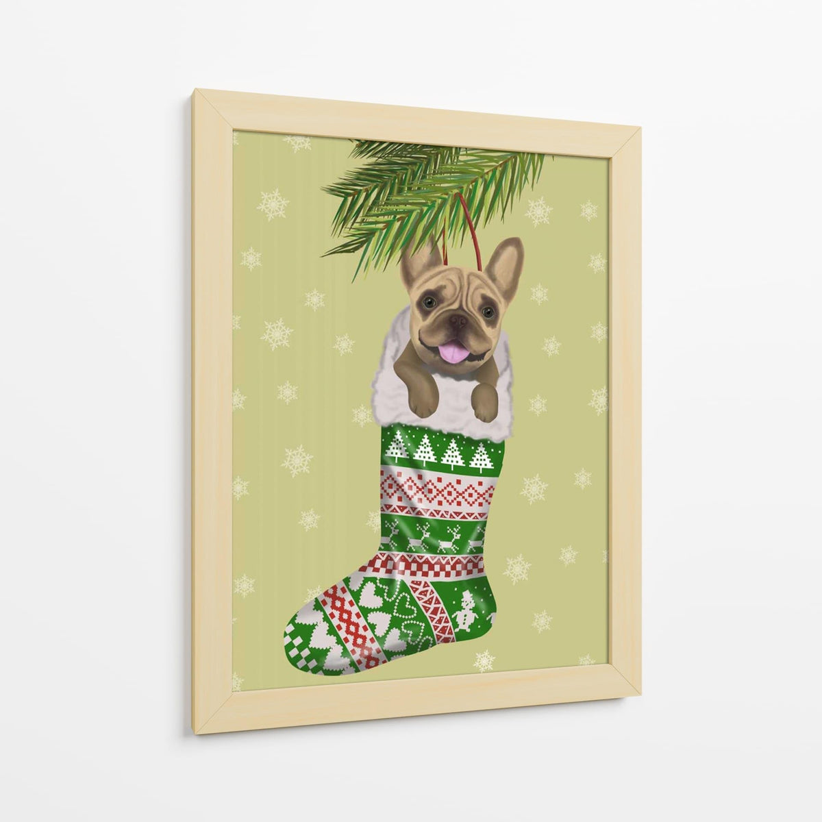 Canvas Lab | French Bulldog in Christmas Stocking by Fab Funky | 30 x 40 in | Canvas Print Wall Art | Animals, Dogs, Nature, Whimsical, Christmas | Wall Decor for Bedroom, Living Room or Office