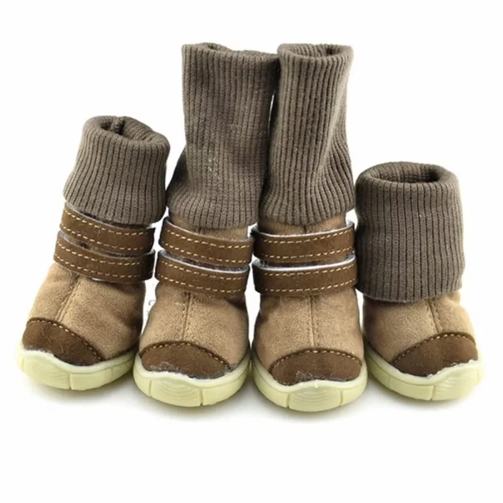 Pet Shoes 4pcs/Set Thick Fur Pet Dog Shoes Bottom Slip-Resistant Waterproof Small Dogs Shoes Winter Warm Snow Boots (Brown S Code)