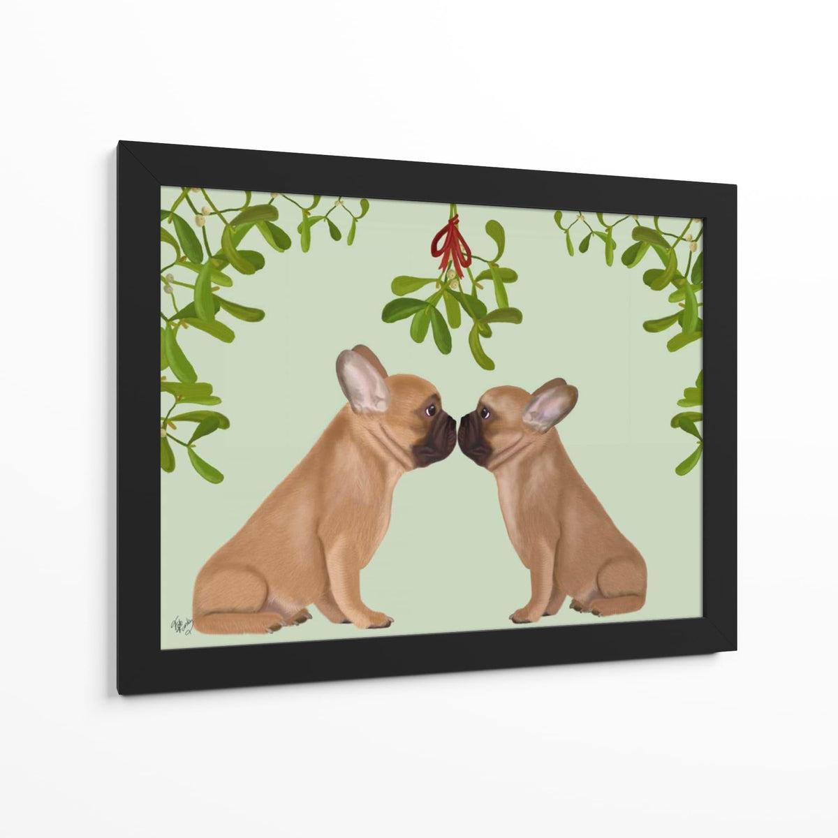 Canvas Lab | French Bulldogs and Mistletoe by Fab Funky | 40 x 30 in | Canvas Print Wall Art | Animals, Dogs, Nature, Whimsical | Wall Decor for Bedroom, Living Room or Office