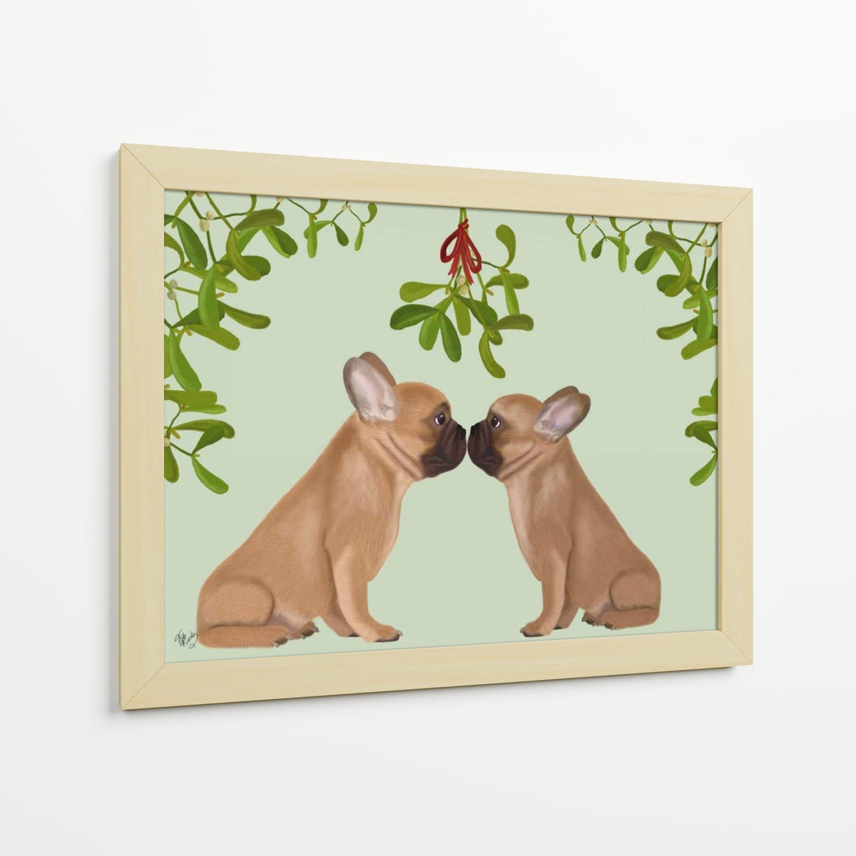 Canvas Lab | French Bulldogs and Mistletoe by Fab Funky | 40 x 30 in | Canvas Print Wall Art | Animals, Dogs, Nature, Whimsical | Wall Decor for Bedroom, Living Room or Office