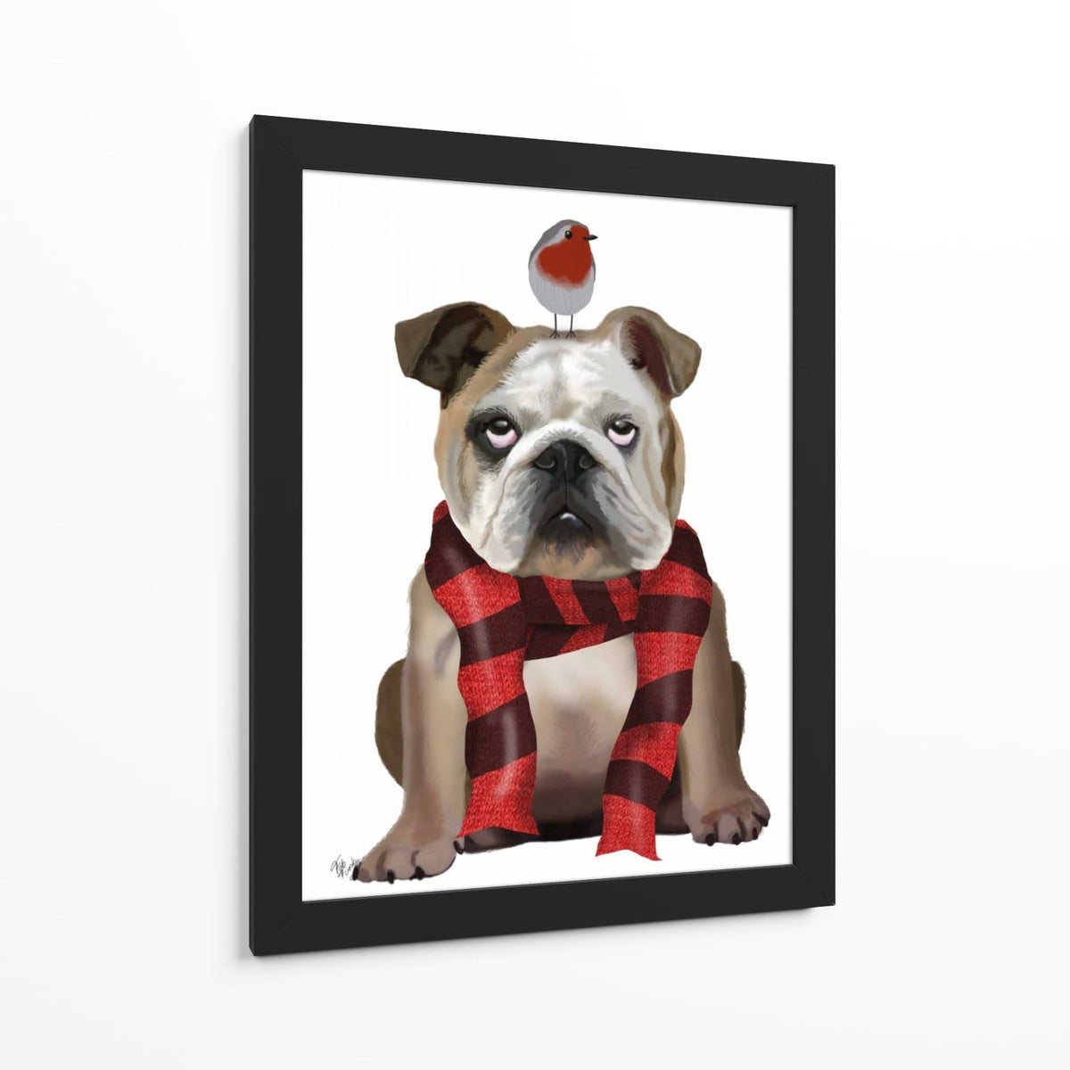 Canvas Lab | English Bulldog, Scarf and Robin by Fab Funky | 30 x 40 in | Canvas Print Wall Art | Animals, Dogs, Nature, Whimsical | Wall Decor for Bedroom, Living Room or Office