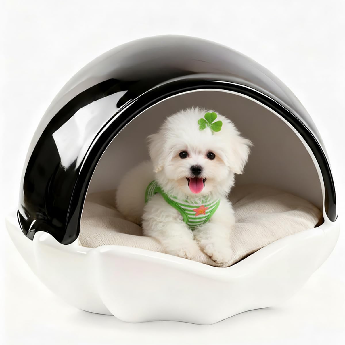 Dog House for Indoor and Outdoor Use, Shell-Shape, Black and White, Heavy Duty, Washable, Odor-Free (Large)