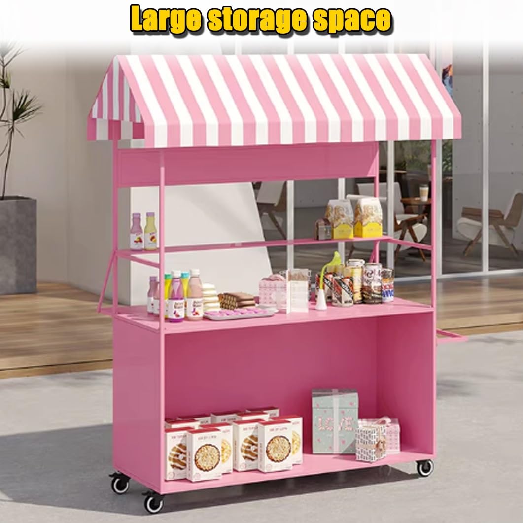 YVYKFZD Vending Iron Cart with Striped Canopy, Portable Cart with Wheels, Hot Dog Stand Market Stall Display Stand, Outdoor Vendor Carts, for Street/Events/Beaches(Yellow,100cm/39.3")