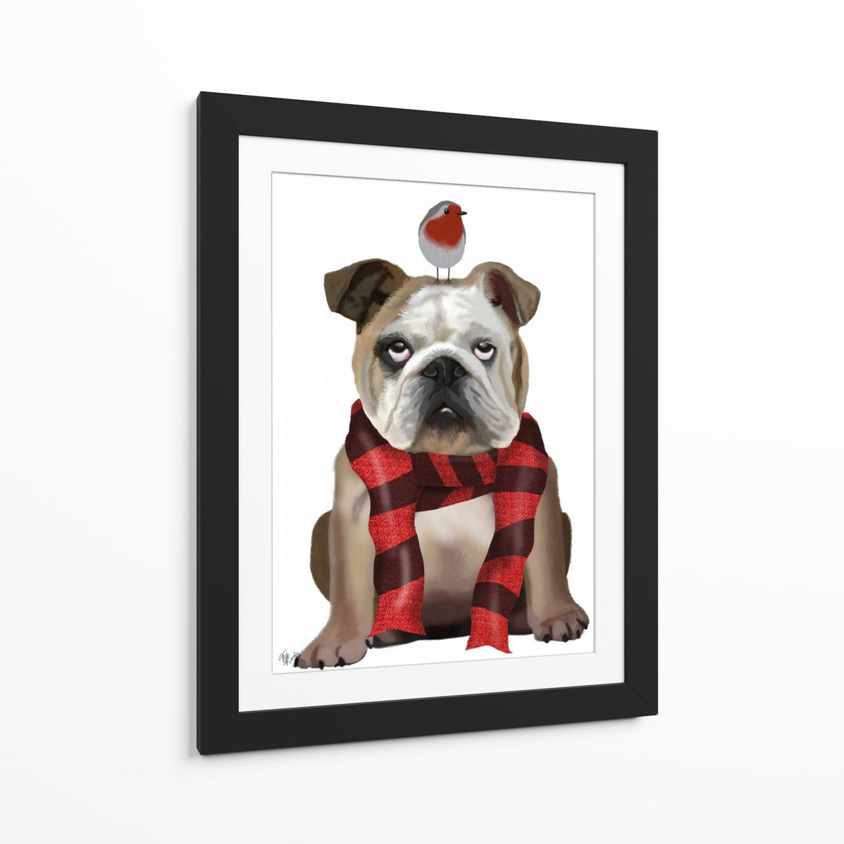 Canvas Lab | English Bulldog, Scarf and Robin by Fab Funky | 30 x 40 in | Canvas Print Wall Art | Animals, Dogs, Nature, Whimsical | Wall Decor for Bedroom, Living Room or Office