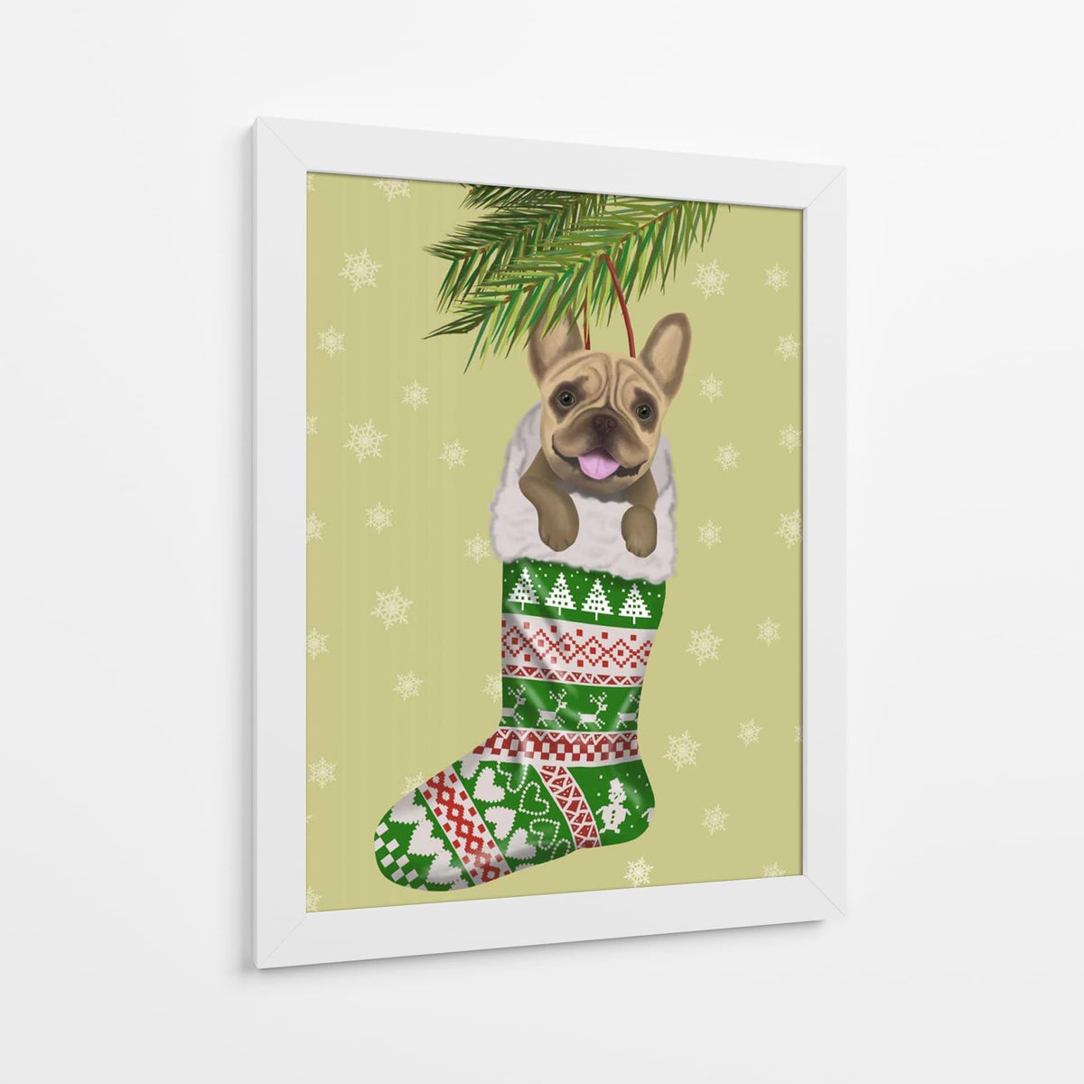 Canvas Lab | French Bulldog in Christmas Stocking by Fab Funky | 30 x 40 in | Canvas Print Wall Art | Animals, Dogs, Nature, Whimsical, Christmas | Wall Decor for Bedroom, Living Room or Office