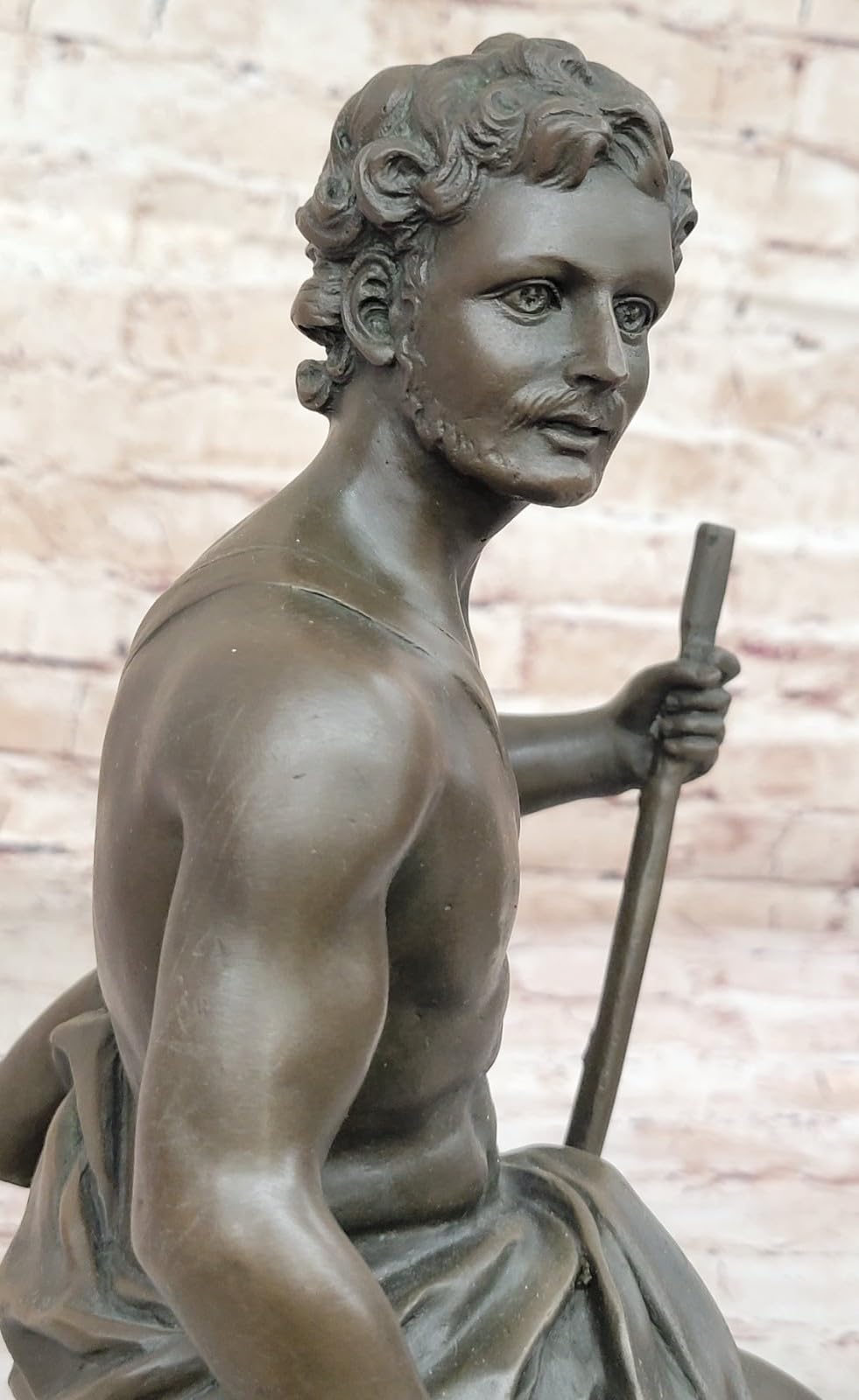 Sculpture of Shepherd with His Dog, Classical Figurine on Marble Base, 15" x 7" Tabletop Display for Collectors
